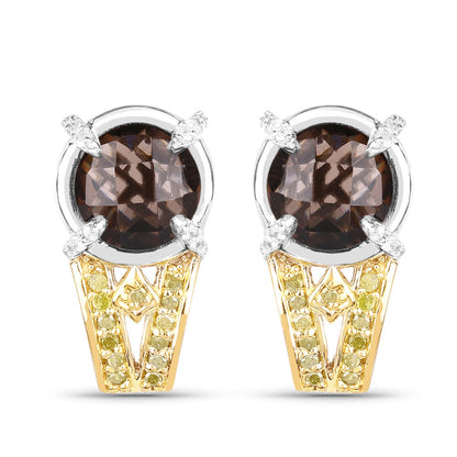 3.75 ct smoky quartz, yellow and white diamond .925 sterling silver earrings by Avera Group