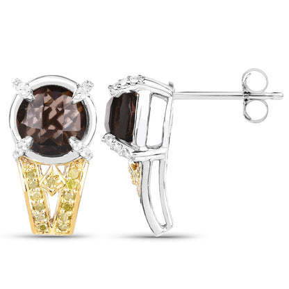 3.75 ct smoky quartz, yellow and white diamond .925 sterling silver earrings by Avera Group, view 2