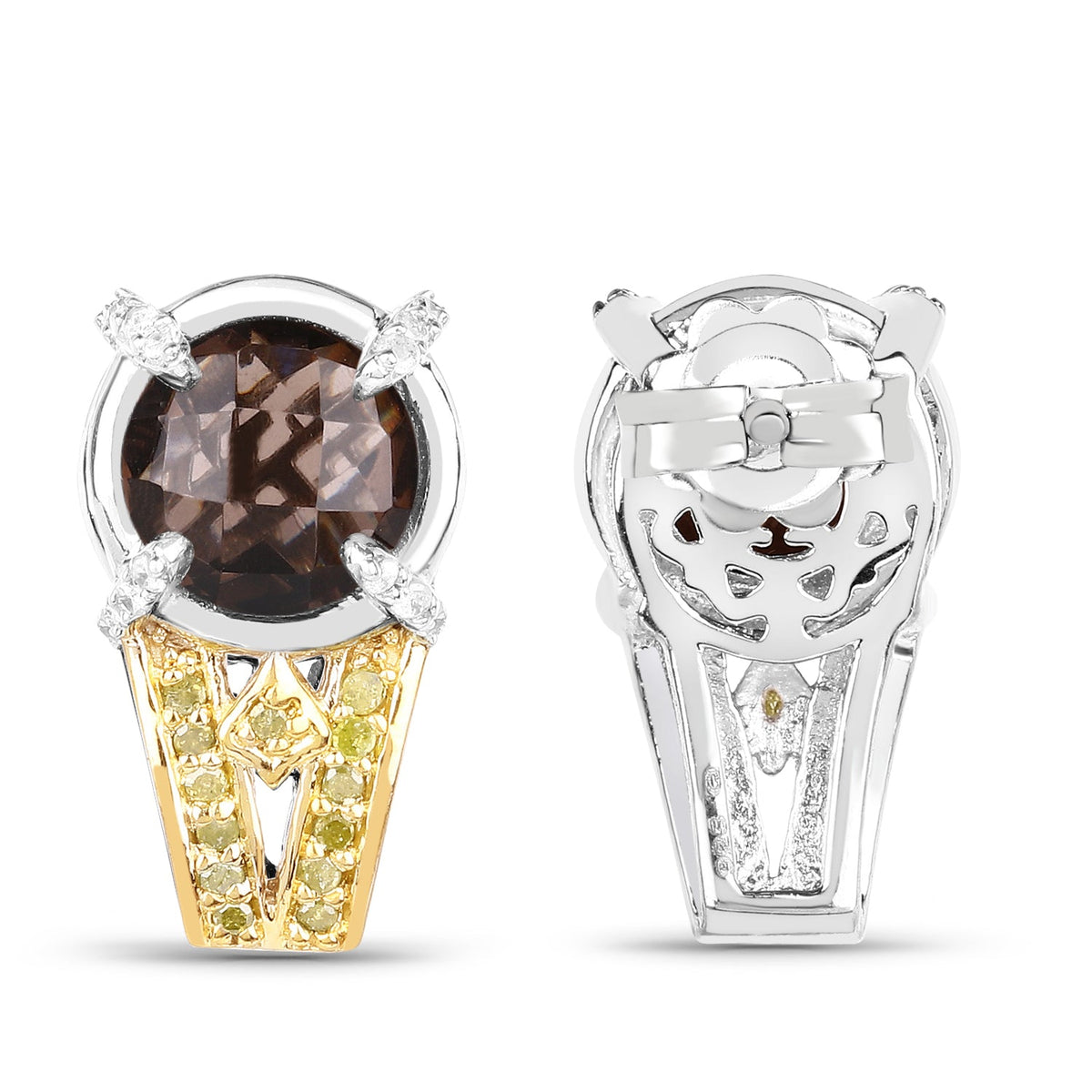 3.75 ct smoky quartz, yellow and white diamond .925 sterling silver earrings by Avera Group, view 3