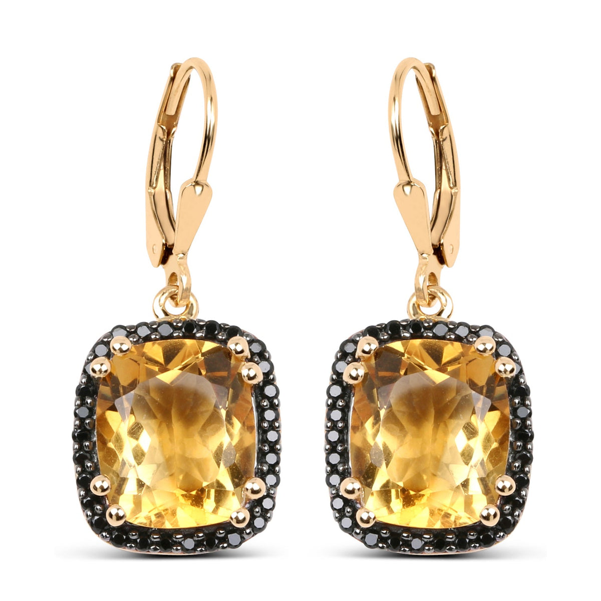 Cushion citrine and black spinel earrings in 14k yellow gold plated sterling silver by Avera Group