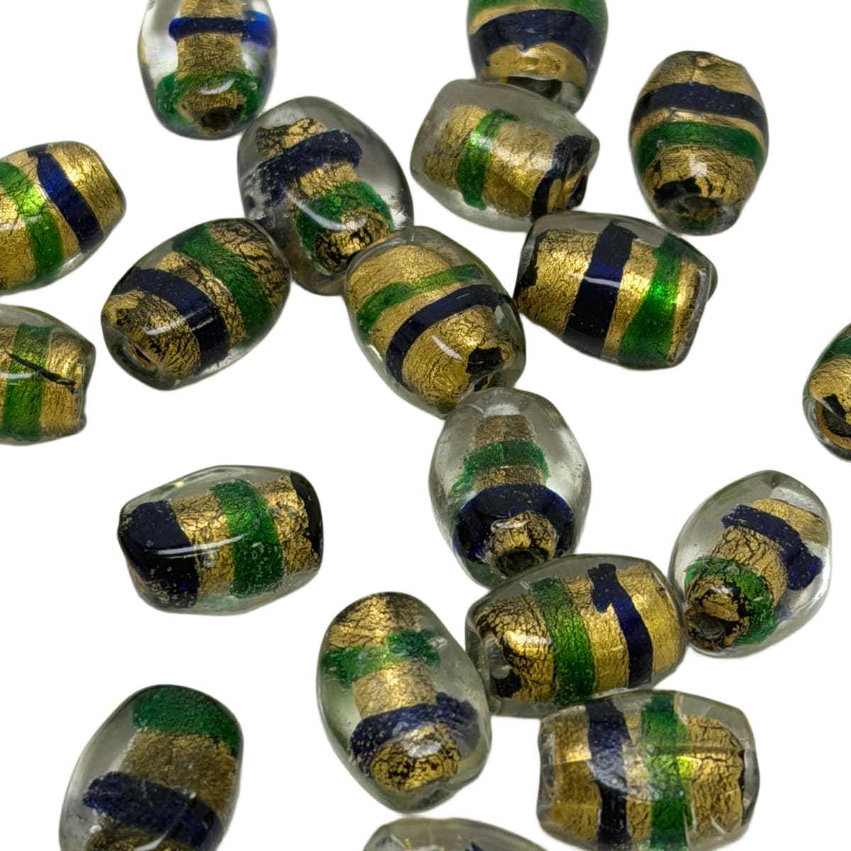 Lampwork Glass Beads with Gold Leaf - Green Blue Clear 14mm Barrel Shape by Continental Bead Suppliers