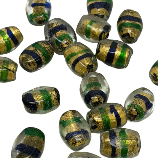 Lampwork Glass Beads with Gold Leaf - Green Blue Clear 14mm Barrel Shape by Continental Bead Suppliers