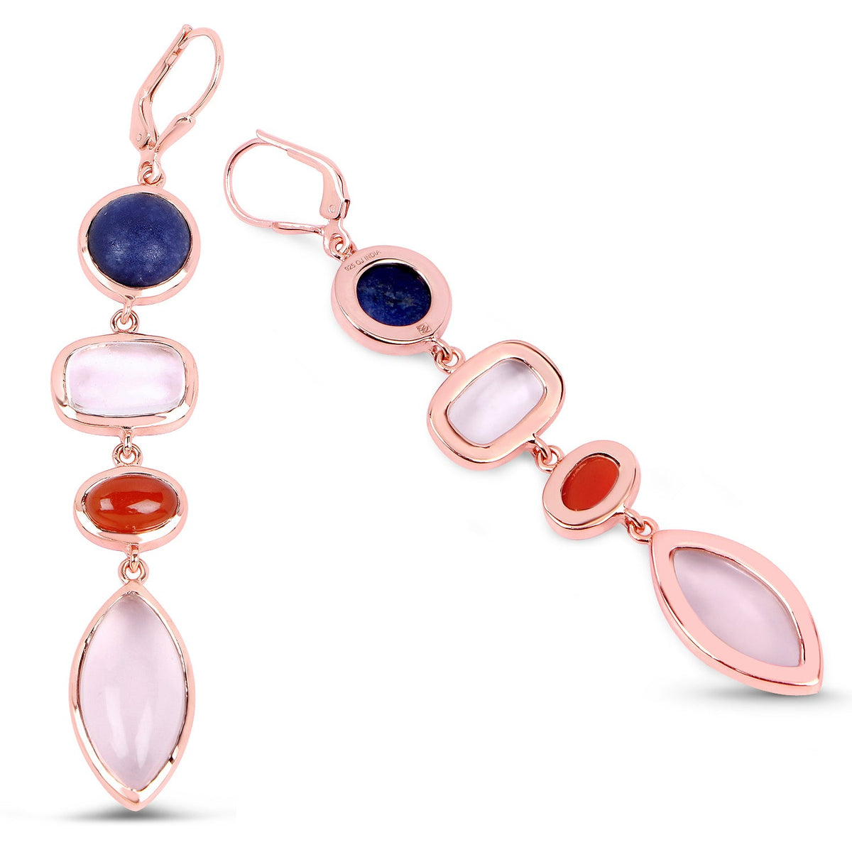 Rose quartz, carnelian, quartz crystal and blue aventurine earrings, rose gold plated silver, Avera Group, view 2