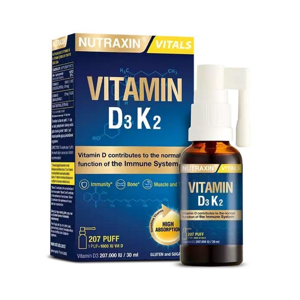 Nutraxin Vitamin D3K2 Supplement Spray - 1000 IU Vitamin D3 & 25 mcg Vitamin K2 per Spray, Allergen-Free, Bone Health Support, 30ml by Beauty Care Bag