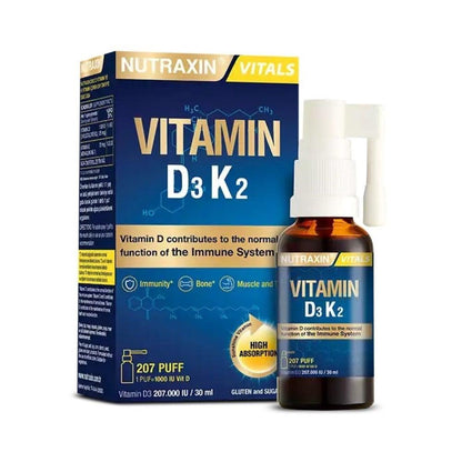 Nutraxin Vitamin D3K2 Supplement Spray - 1000 IU Vitamin D3 & 25 mcg Vitamin K2 per Spray, Allergen-Free, Bone Health Support, 30ml by Beauty Care Bag