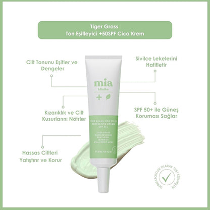 Mia Klinika Cica Cream SPF 50+ - Tiger Grass Tone Evening Cream for Sensitive Skin, Natural Coverage & Daily Sun Protection by Beauty Care Bag