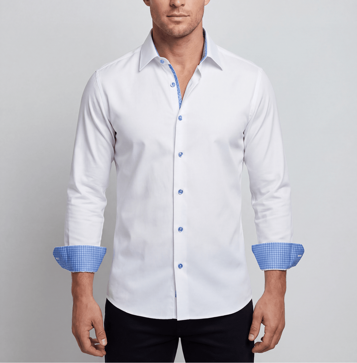 Edward// // Cotton Knit-Stretch Button-Up Shirt With Contrast Details // White // Tailored Fit (Fitted)Shirts & TopsTorqelo.com
