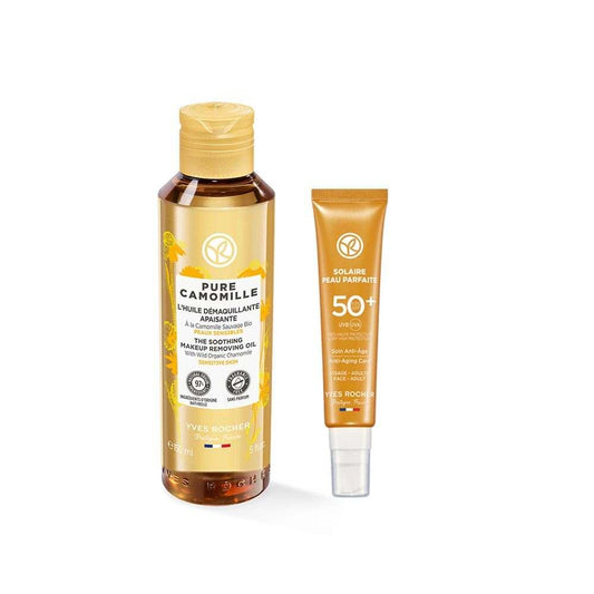 Caudalie SPF 50+ Anti-Aging Sun Cream and Facial Cleansing Oil Set for Sensitive Skin - Skincare Gift Set with Pure Camomille by Beauty Care Bag