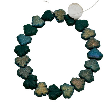 Czech Glass Leaf Beads: Teal Green with Gold Luster 13x11mm - 20 Beads per Strand by Continental Bead Suppliers