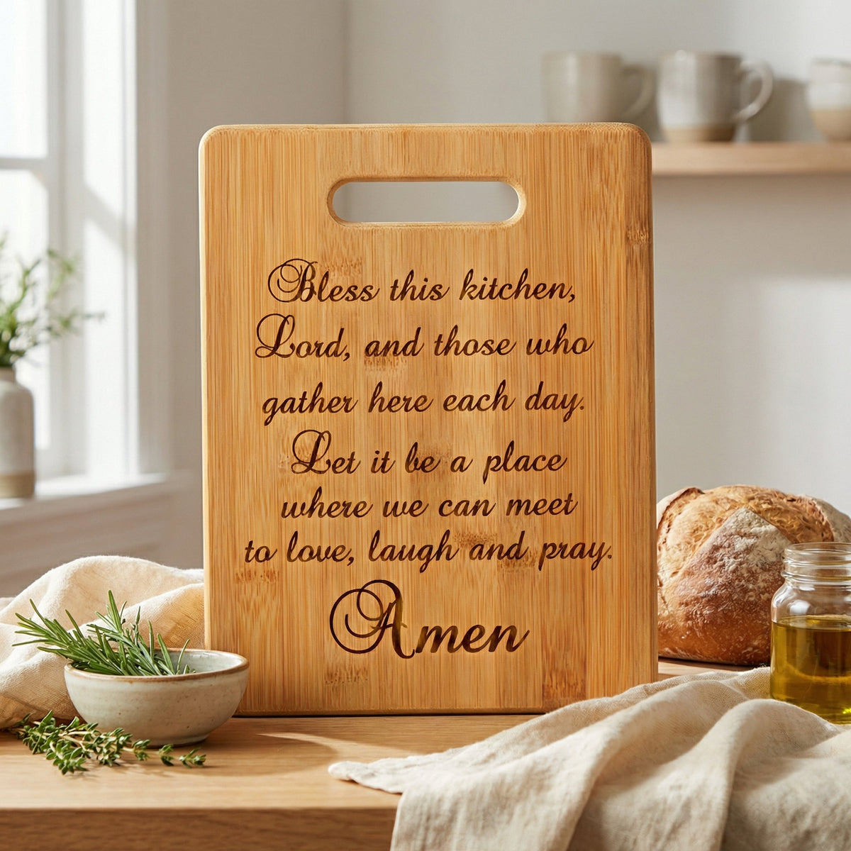Kitchen Prayer Bamboo Cutting Board - Christian Housewarming Gift - Bless this kitchen by Joyful Moose