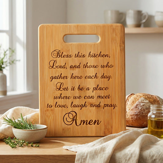 Kitchen Prayer Bamboo Cutting Board - Christian Housewarming Gift - Bless this kitchen by Joyful Moose