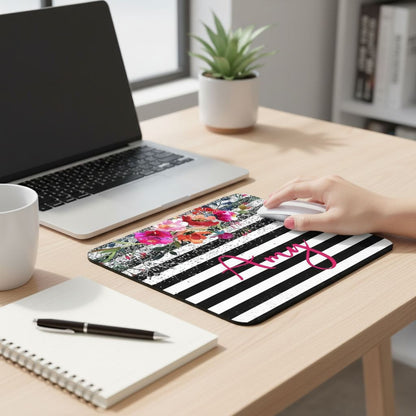 Personalized Floral Mousepad - Watercolor Mouse Pad With Silver Glitter Design by Joyful Moose