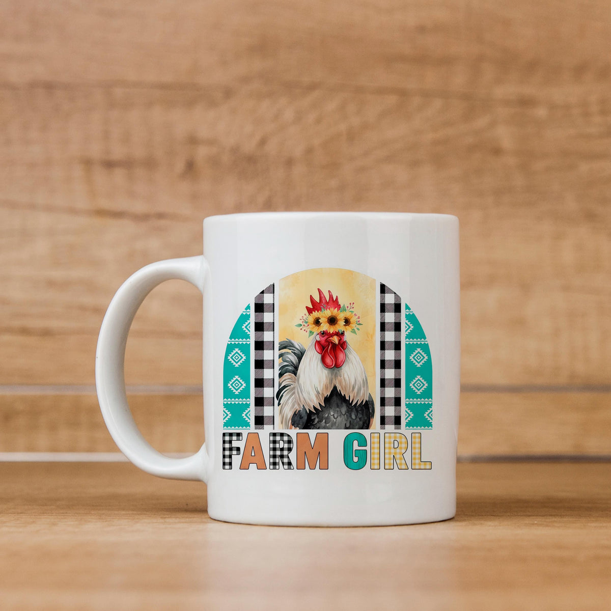 Farm Girl Mug – Rustic Farmhouse Coffee Cup with Sunflower Chicken Art by Joyful Moose