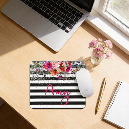 Personalized Floral Mousepad - Watercolor Mouse Pad With Silver Glitter Design by Joyful Moose