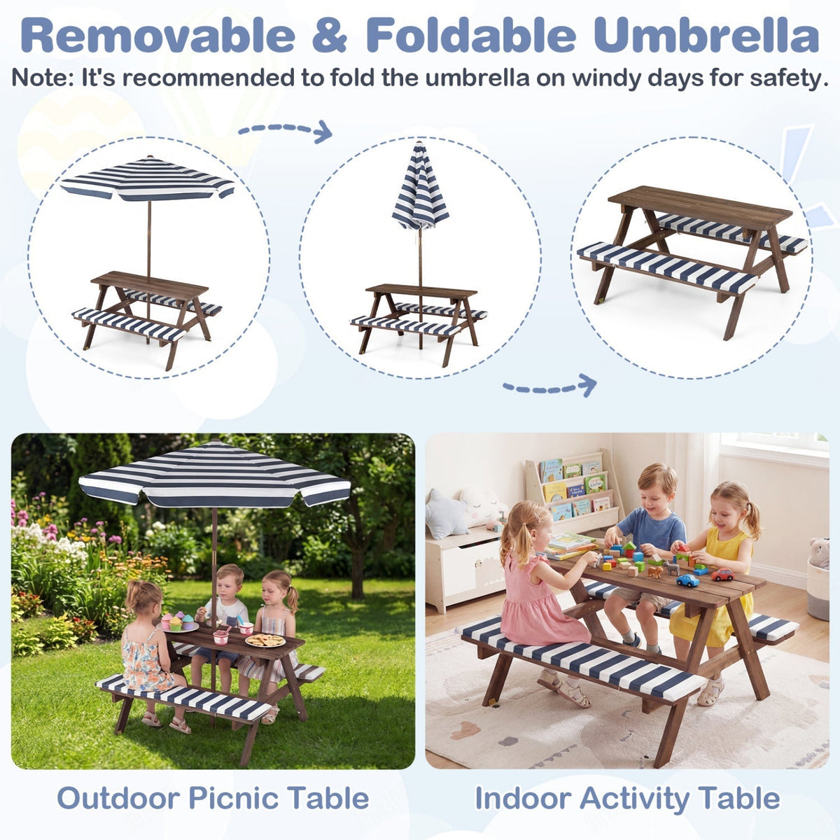 Fir Wood Kids Picnic Table with 2 Built-in Benches and UmbrellaTorqelo.com
