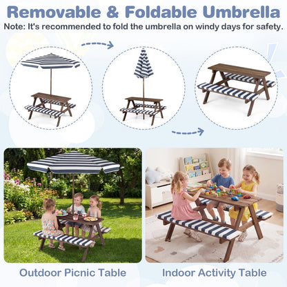 Fir Wood Kids Picnic Table with 2 Built-in Benches and UmbrellaTorqelo.com