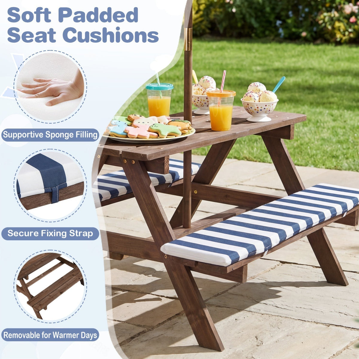Fir Wood Kids Picnic Table with 2 Built-in Benches and UmbrellaTorqelo.com