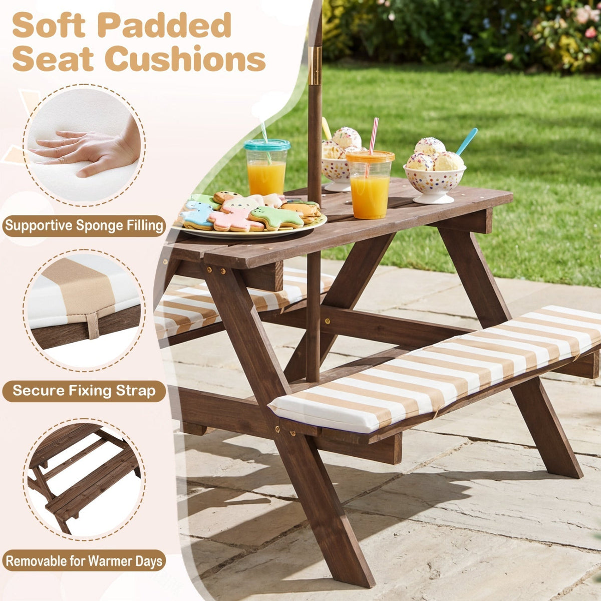 Fir Wood Kids Picnic Table with 2 Built-in Benches and UmbrellaTorqelo.com