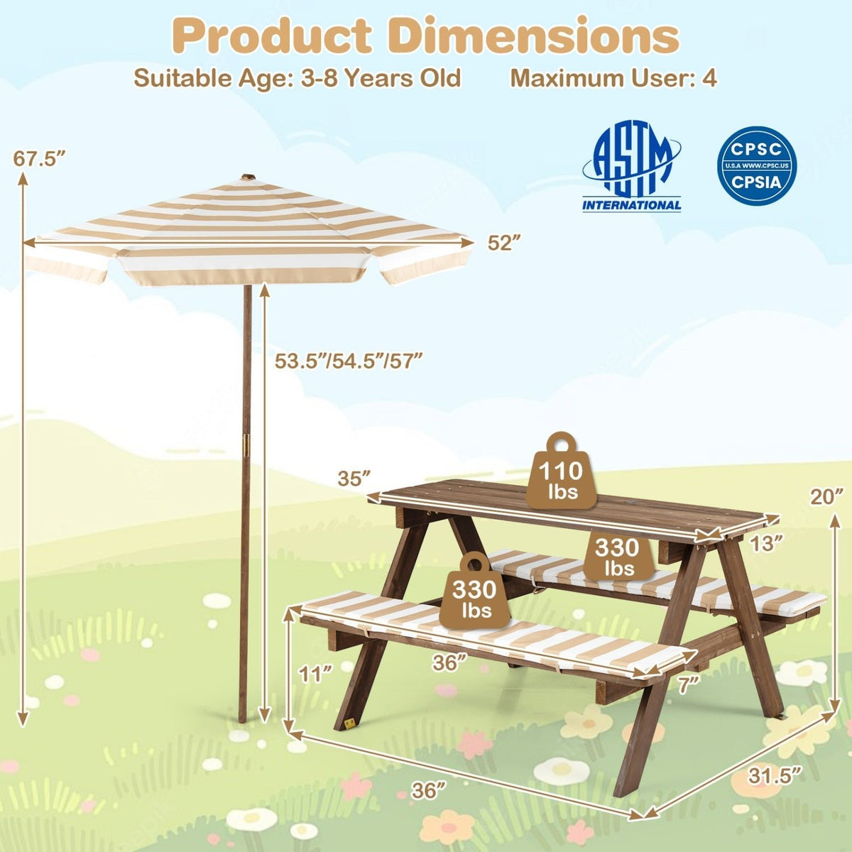 Fir Wood Kids Picnic Table with 2 Built-in Benches and UmbrellaTorqelo.com