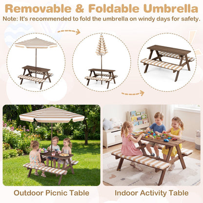 Fir Wood Kids Picnic Table with 2 Built-in Benches and UmbrellaTorqelo.com
