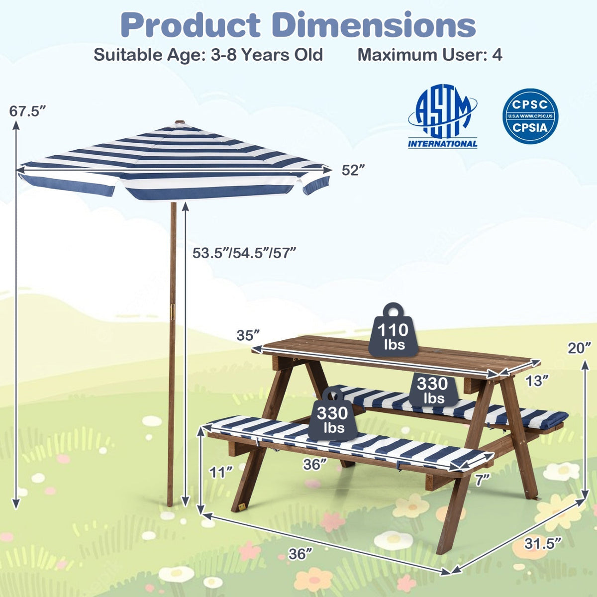Fir Wood Kids Picnic Table with 2 Built-in Benches and UmbrellaTorqelo.com