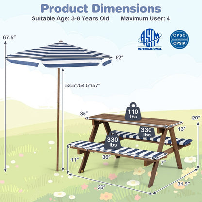 Fir Wood Kids Picnic Table with 2 Built-in Benches and UmbrellaTorqelo.com