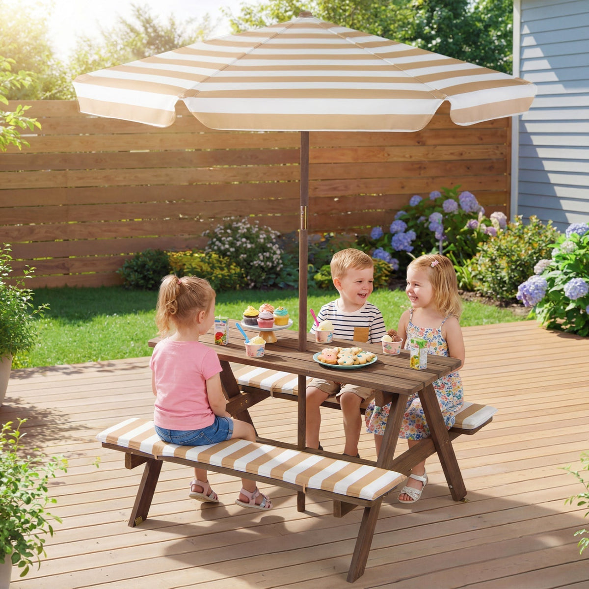 Fir Wood Kids Picnic Table with 2 Built-in Benches and UmbrellaTorqelo.com