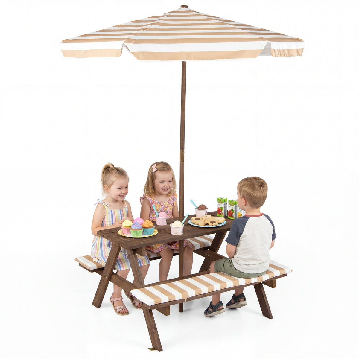 Fir Wood Kids Picnic Table with 2 Built-in Benches and UmbrellaTorqelo.com