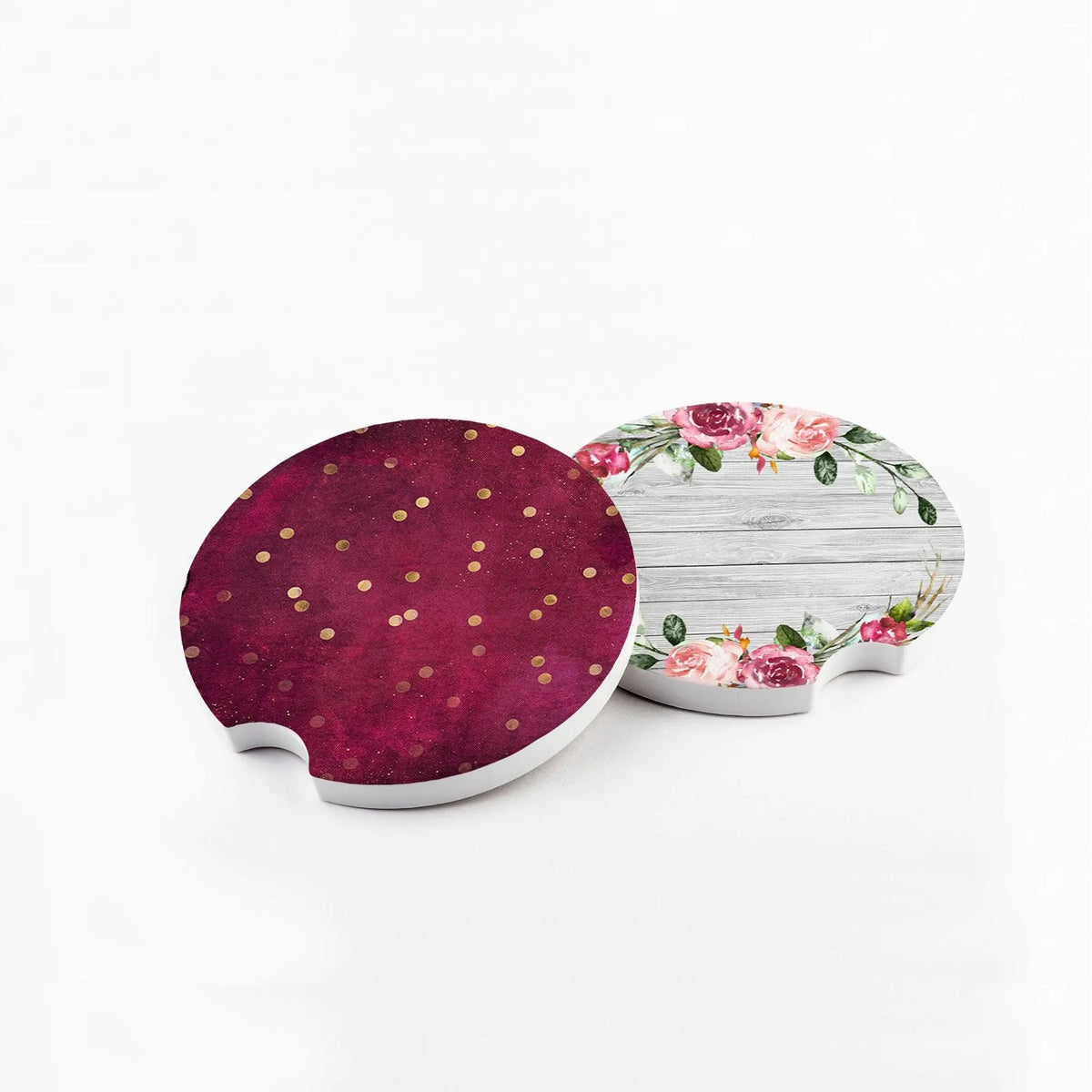 Floral Wood Car Coaster - Sandstone Car Coaster Set of 2 - Maroon Rose Pink Gold Glitter by Joyful Moose