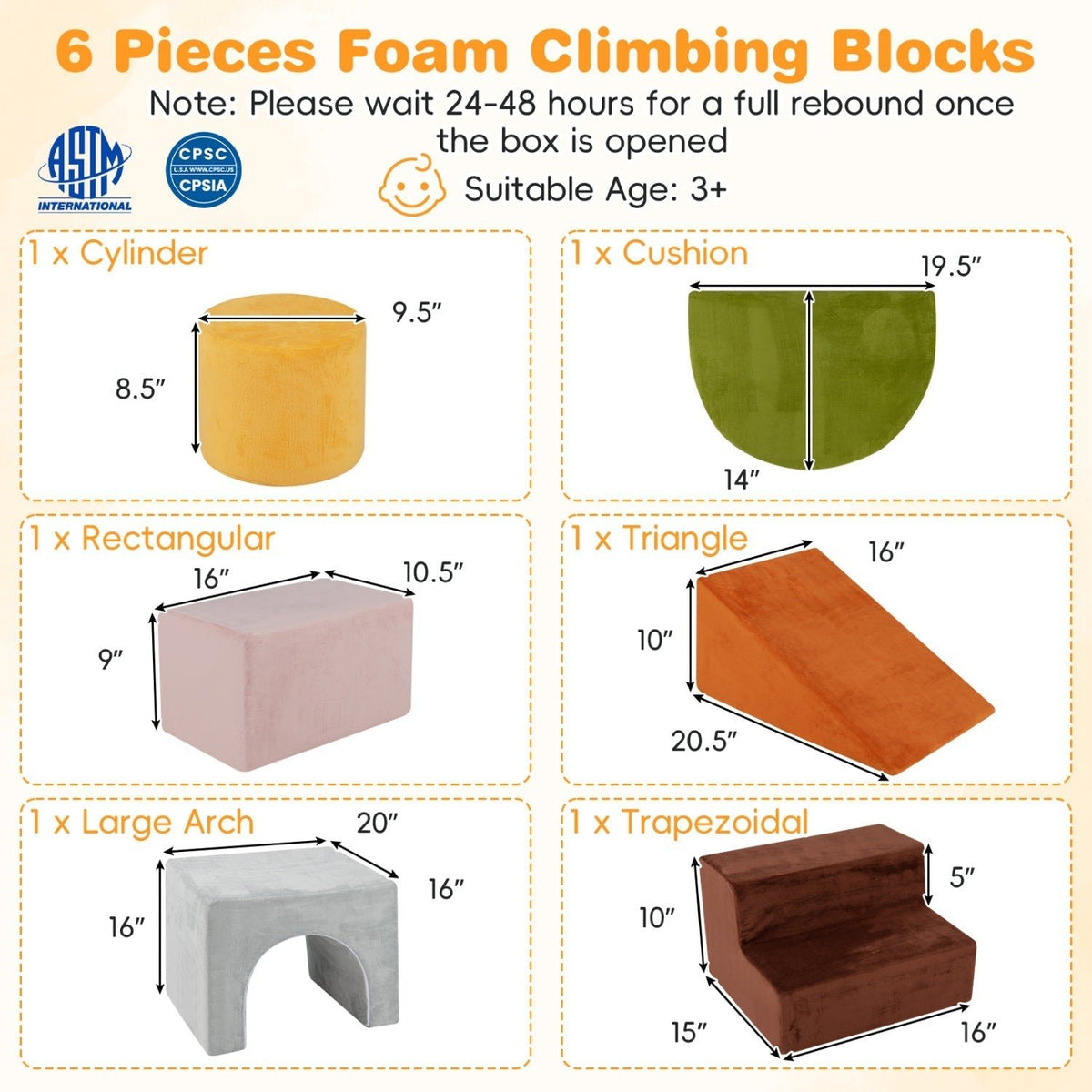 Foam Climbing Blocks Set with Slide and Tunnel - 6 PiecesClimbing ToyTorqelo.com