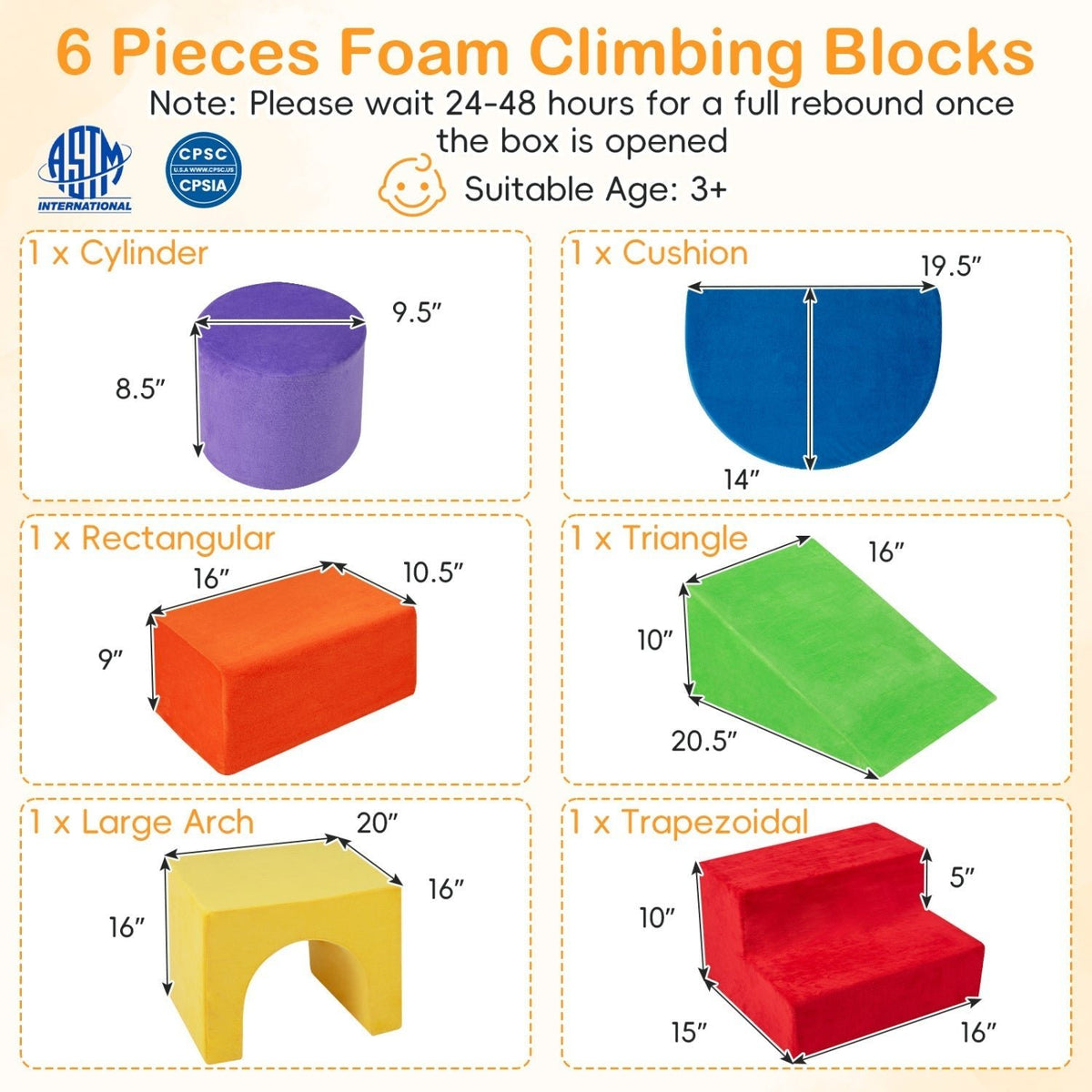Foam Climbing Blocks Set with Slide and Tunnel - 6 PiecesClimbing ToyTorqelo.com