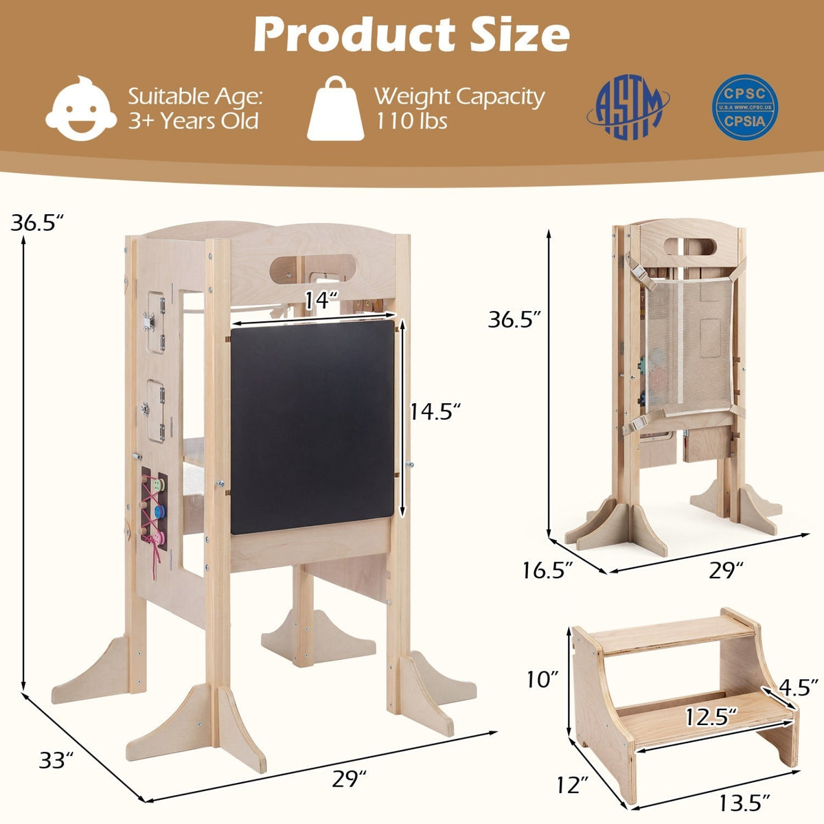 Foldable Toddler Step Stool Wooden Kitchen Standing Tower with 2Torqelo.com