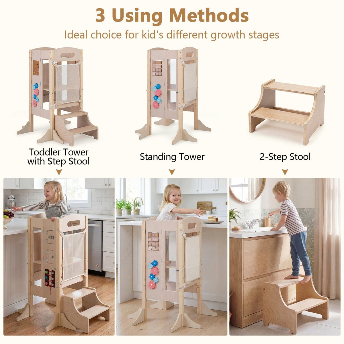 Foldable Toddler Step Stool Wooden Kitchen Standing Tower with 2Torqelo.com