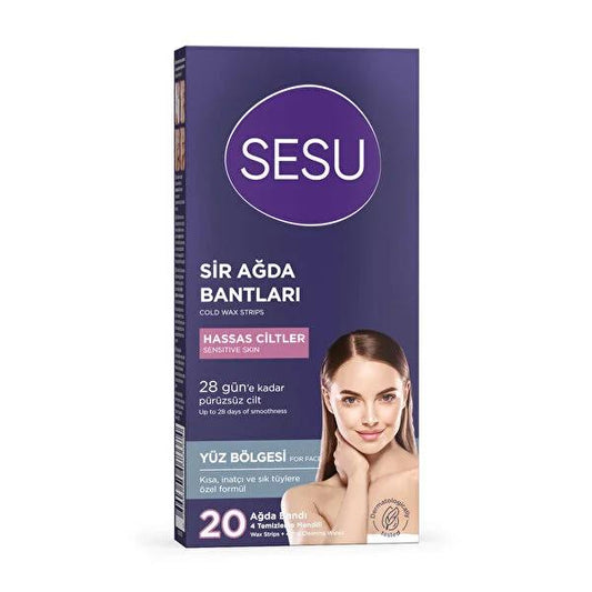 Sesu Facial Wax Strips 20 Count - Sensitive Skin Hair Removal for Women | Sugar-Free, Easy to Use Face Waxing Kit for Upper Lip, Chin & Cheeks by Beauty Care Bag
