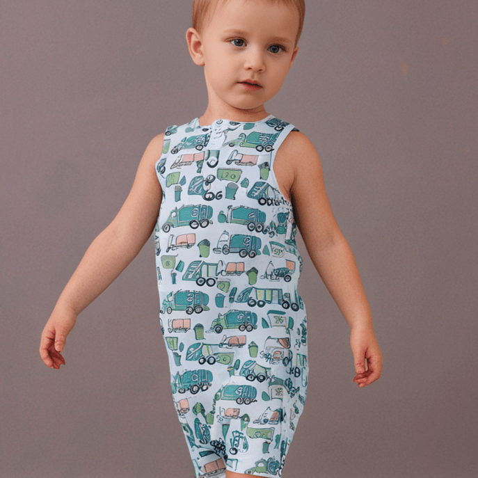 Garbage Trucks Recycle Tank Romper by Sweet Bamboo