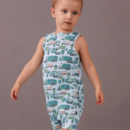 Garbage Trucks Recycle Tank Romper by Sweet Bamboo