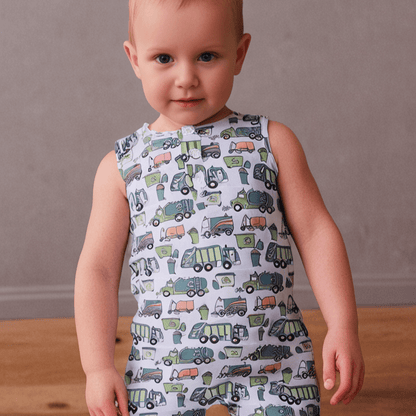 Garbage Trucks Recycle Tank Romper by Sweet Bamboo