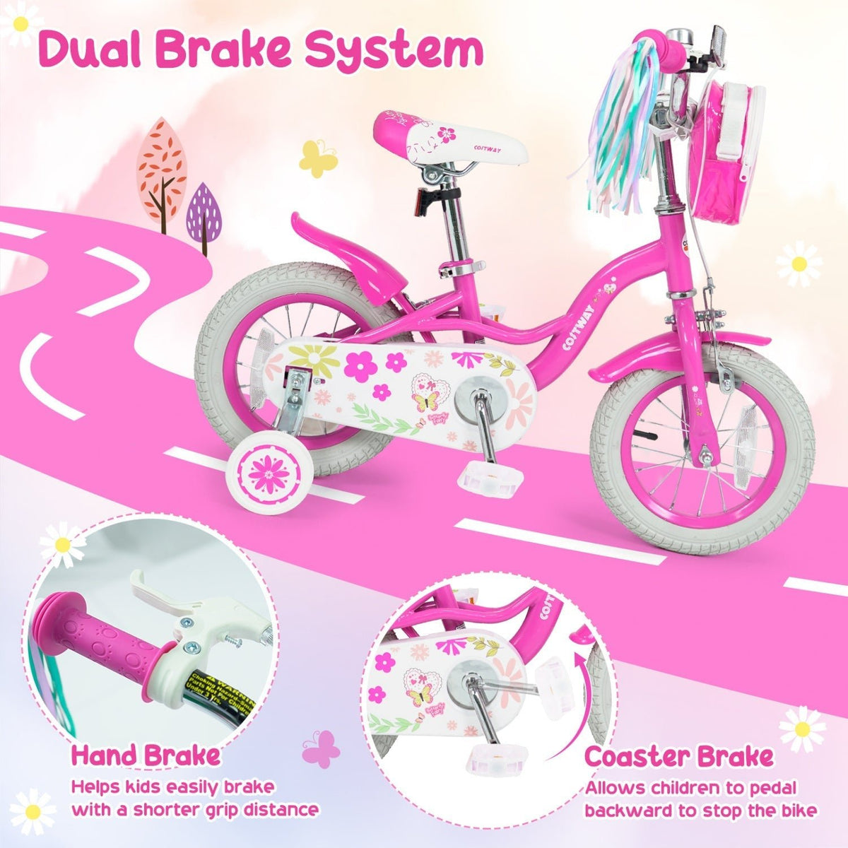 Girls Bike 12-18 Inch with Training Wheels and Front BagKids BikeTorqelo.com