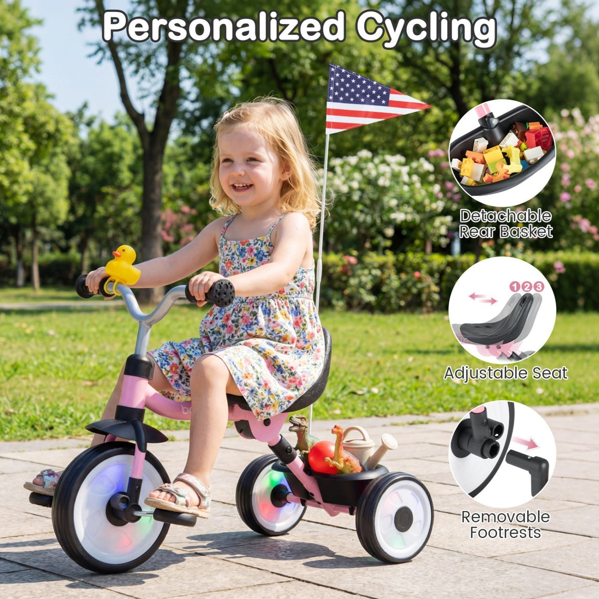 Glowing Wheels Toddler Tricycle Foldable Kids Trike with Basket and Duck BellTorqelo.com