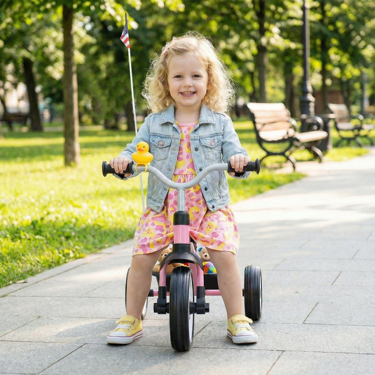 Glowing Wheels Toddler Tricycle Foldable Kids Trike with Basket and Duck BellTorqelo.com