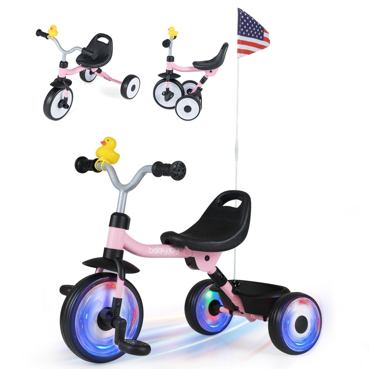 Glowing Wheels Toddler Tricycle Foldable Kids Trike with Basket and Duck BellTorqelo.com