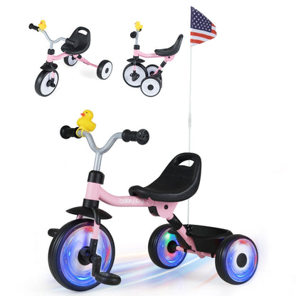 Glowing Wheels Toddler Tricycle Foldable Kids Trike with Basket and Duck BellTorqelo.com