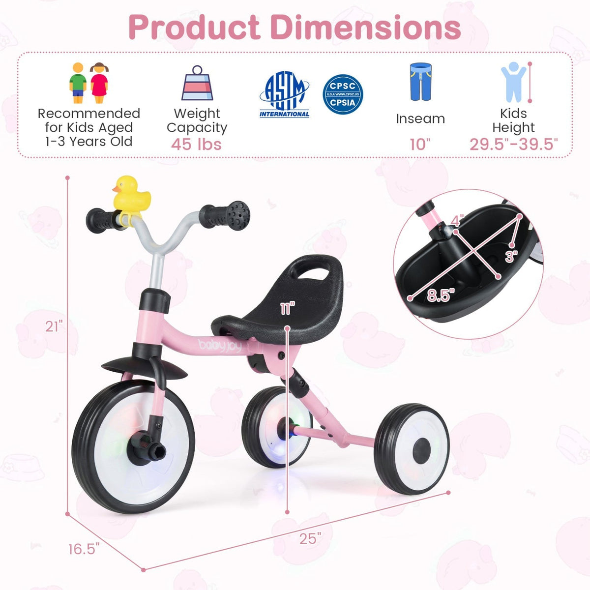 Glowing Wheels Toddler Tricycle Foldable Kids Trike with Basket and Duck BellTorqelo.com
