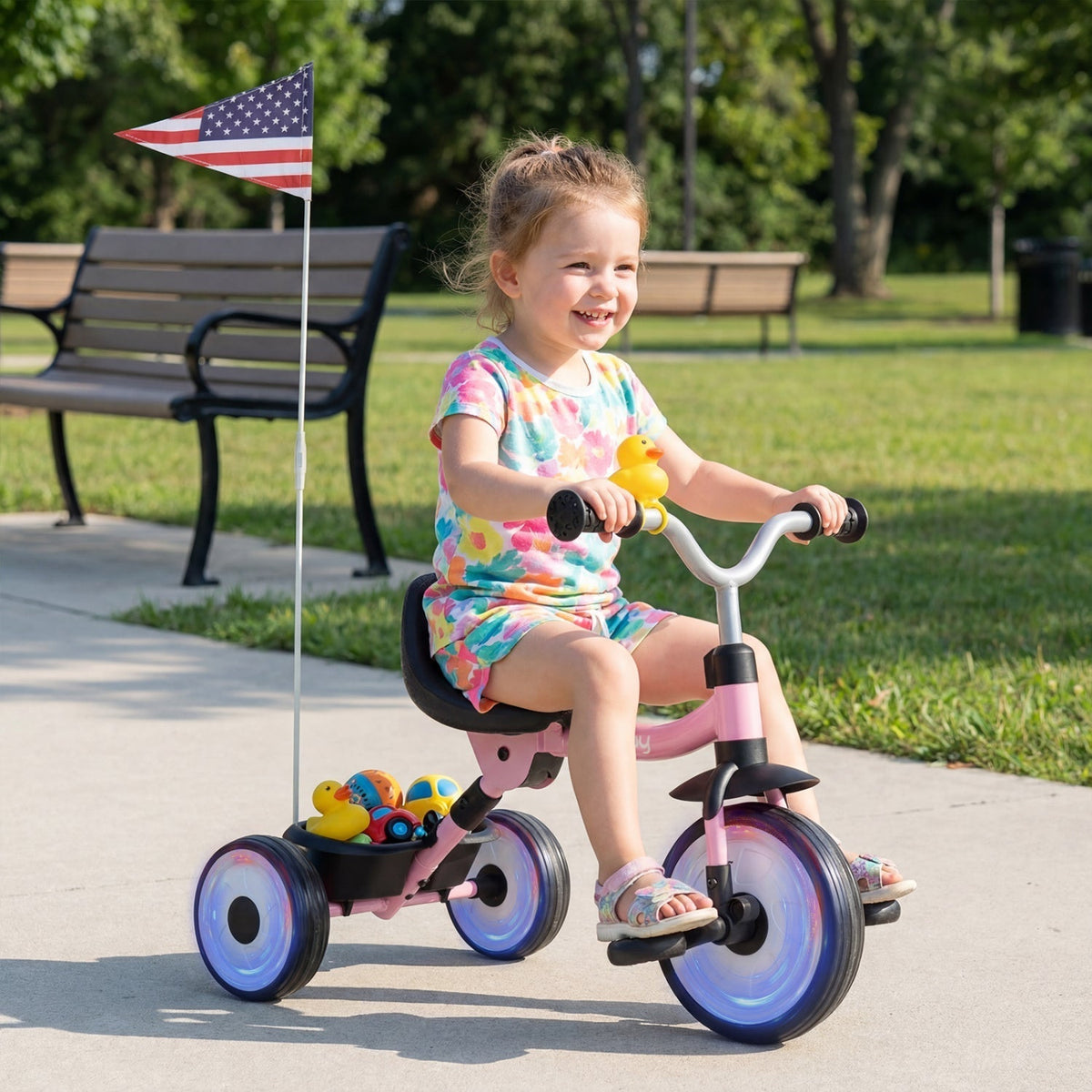 Glowing Wheels Toddler Tricycle Foldable Kids Trike with Basket and Duck BellTorqelo.com