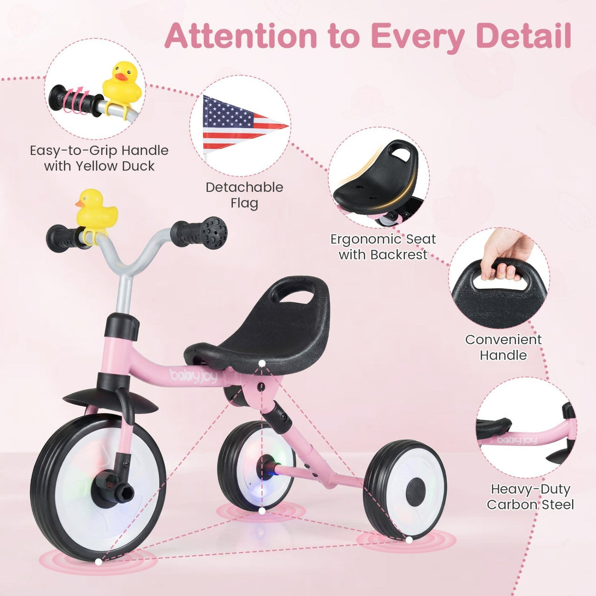 Glowing Wheels Toddler Tricycle Foldable Kids Trike with Basket and Duck BellTorqelo.com
