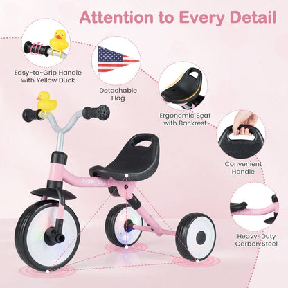 Glowing Wheels Toddler Tricycle Foldable Kids Trike with Basket and Duck BellTorqelo.com