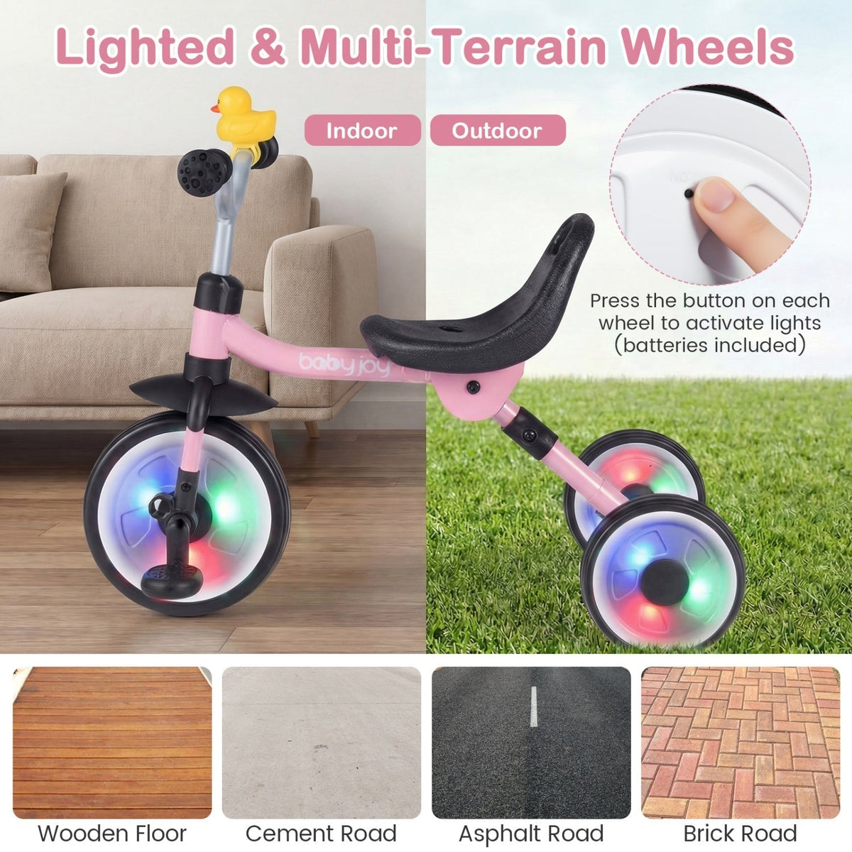 Glowing Wheels Toddler Tricycle Foldable Kids Trike with Basket and Duck BellTorqelo.com