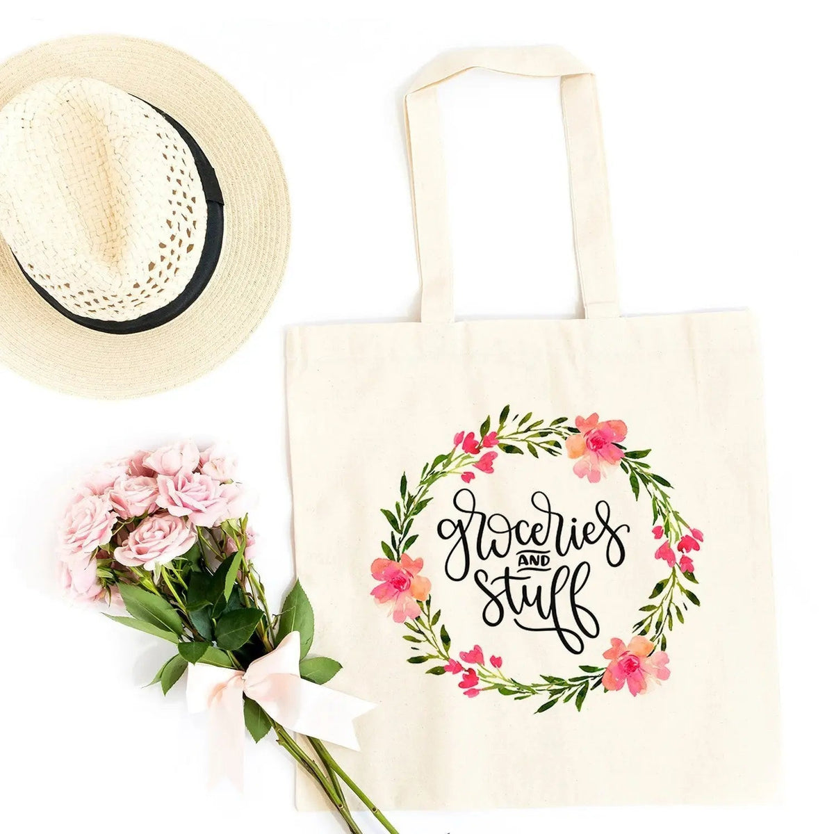 Grocery Bag - Floral Groceries & Stuff Canvas Tote Bag - Reusable Cotton Shopping Market Bag by Joyful Moose