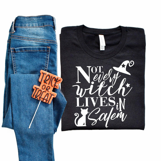 Halloween Tshirt, Not Every Witch Lives in Salem with Cat T-shirt by Joyful Moose