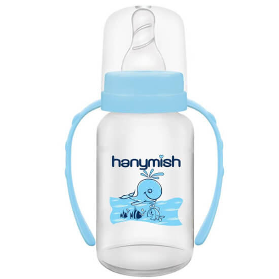 Hanymish Blue Glass Baby Bottle with Handles 125 ml by Beauty Care Bag